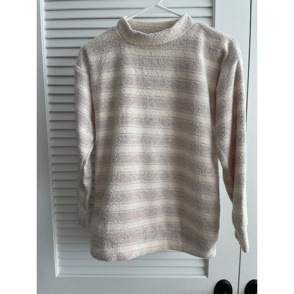 Wooly Threads Sweater Mock Neck White and Muted Red Stripes Women's Sz Ex Small